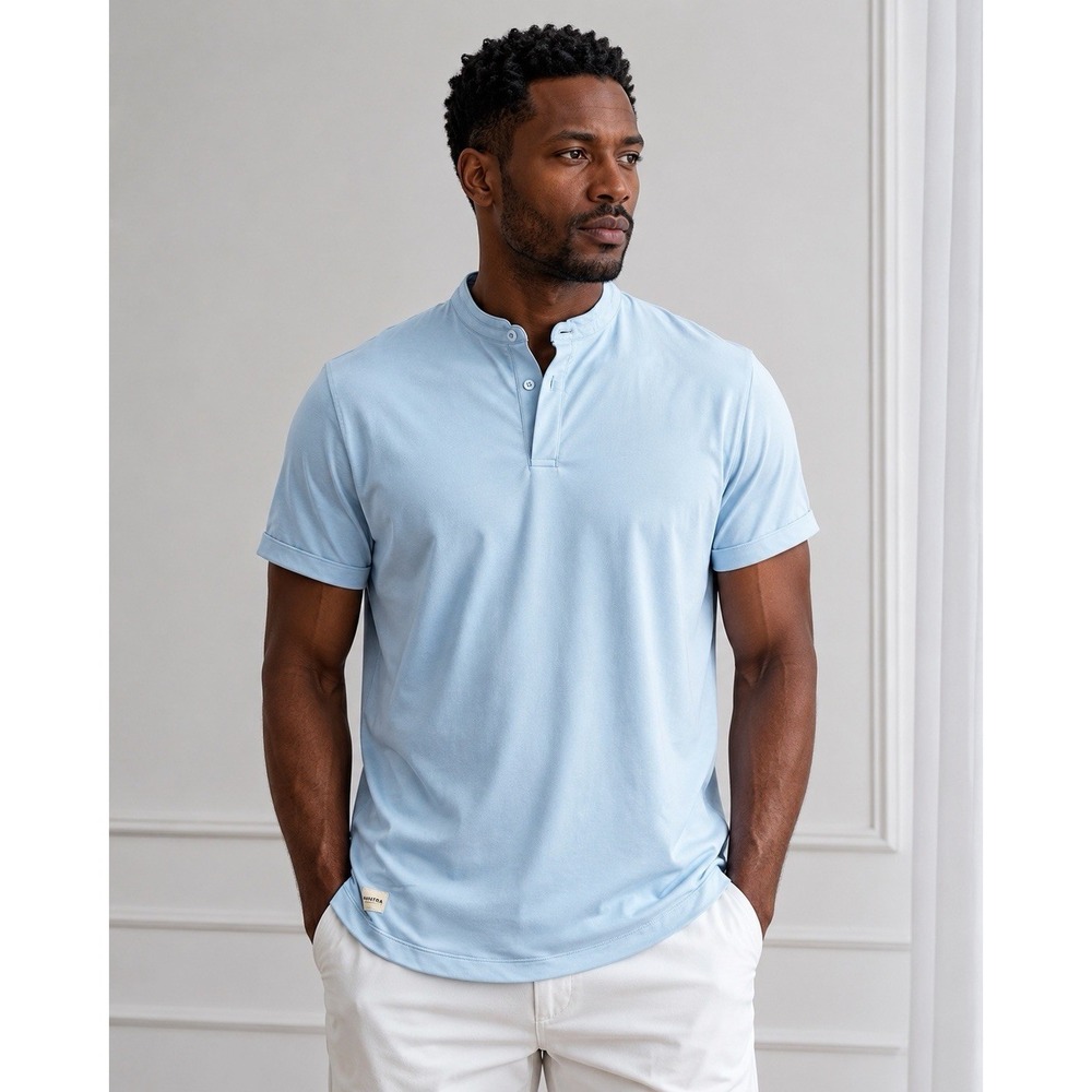 Mantra Light Blue Short Sleeve Henley Polo Shirt Mens M Golf Casual